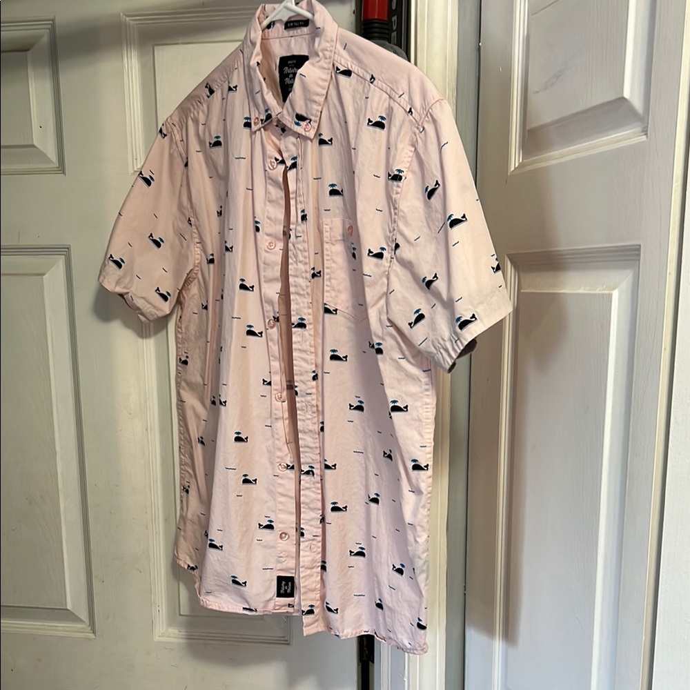 Pink and Blue Casual Button Down Shirt with Cross Pattern